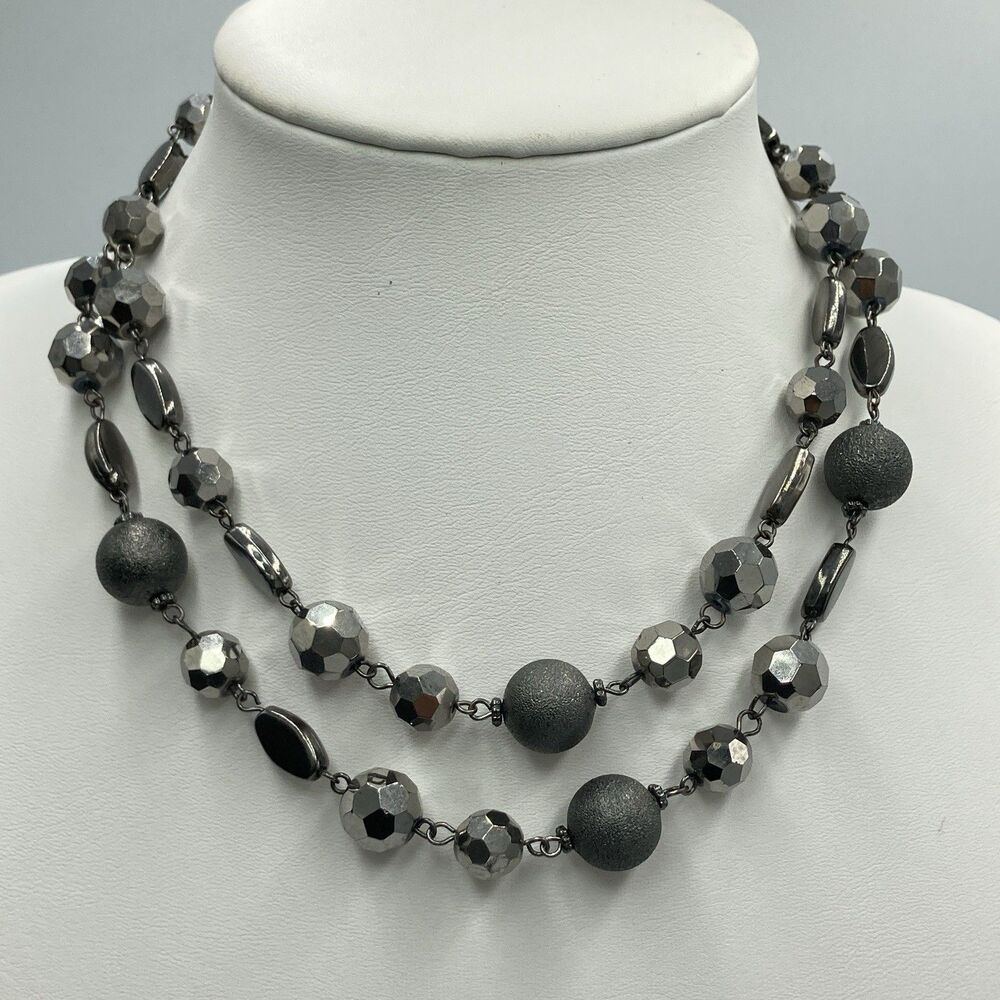 White House Black Market Necklace 18in Signed Two-Strand Hematite Gunmetal Beads